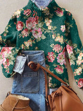 Vintage Lovely Floral Art Print Knit Turtleneck Pullover Sweater